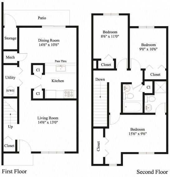 Floor plan for 3 beds, 2 baths, 1143 sqft